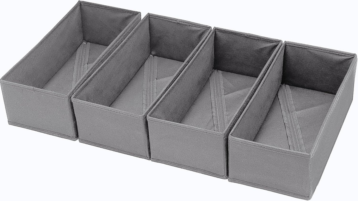 Sock Drawer Organizer 4 Pack - Collapsible Fabric Storage Bins for Underwear Divider, Small Closet Organizers with 4 Compartments, Grey
