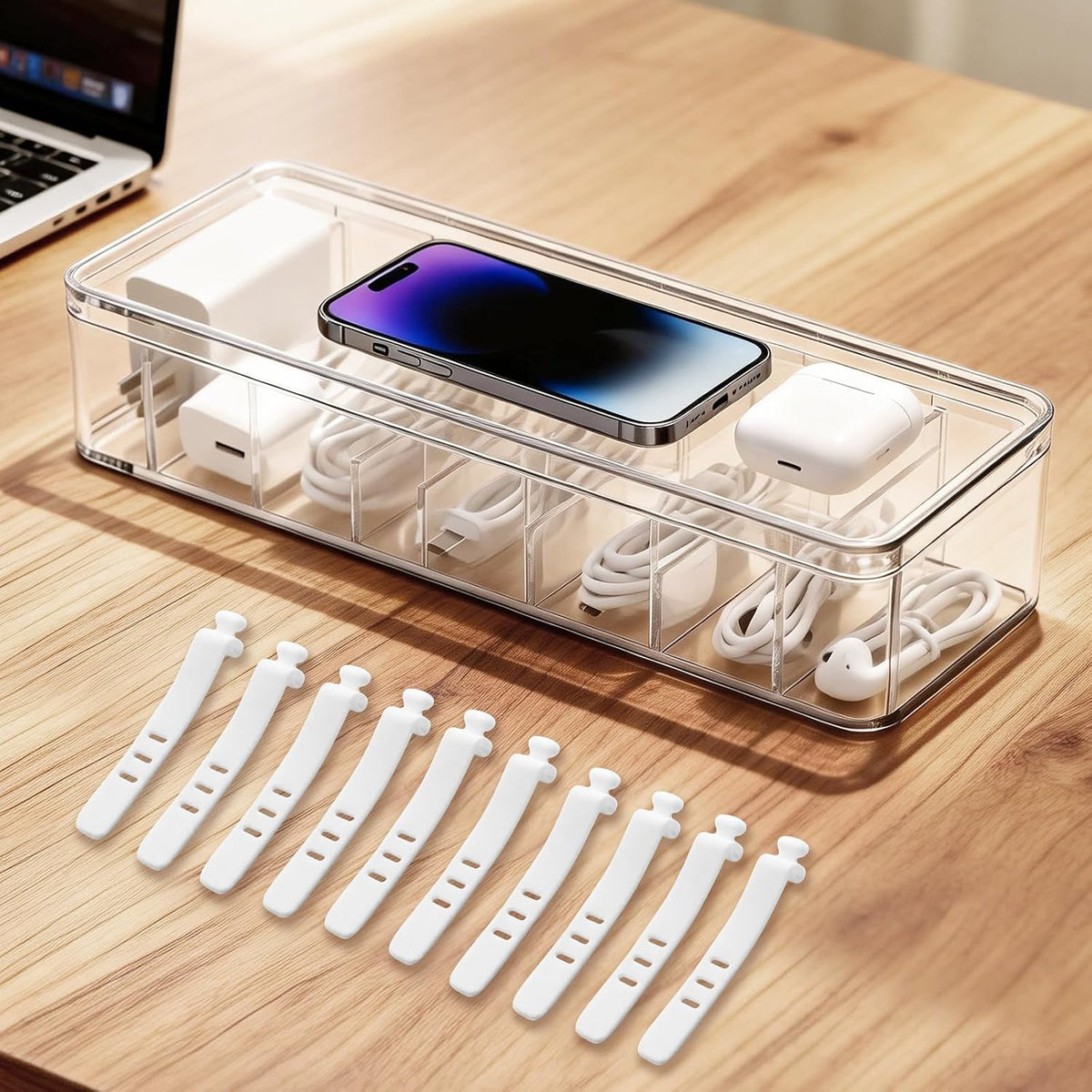 Cable Organizer Storage Box with Lid - Clear Phone Charger Cord Organizer Case - Cables Wire Management Box with Adjustable Compartments 10 Wire Ties for Drawer Desk Office Home Accessories(1 pack)