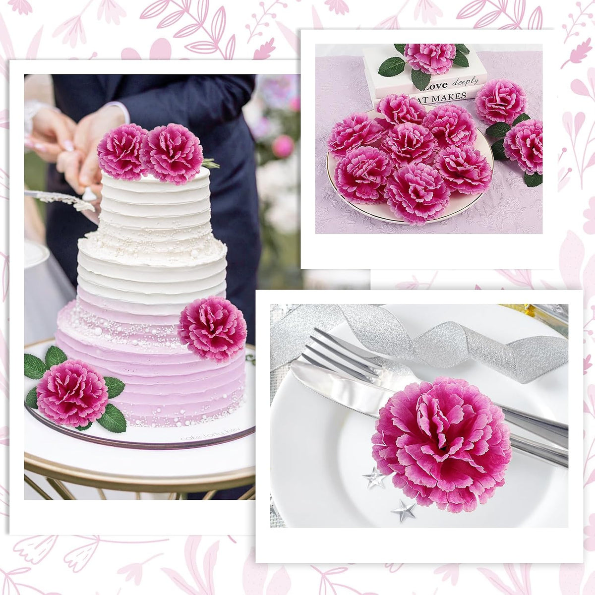 108pcs Carnation Artificial Flowers with Stems, 3.5" Fushia Carnations