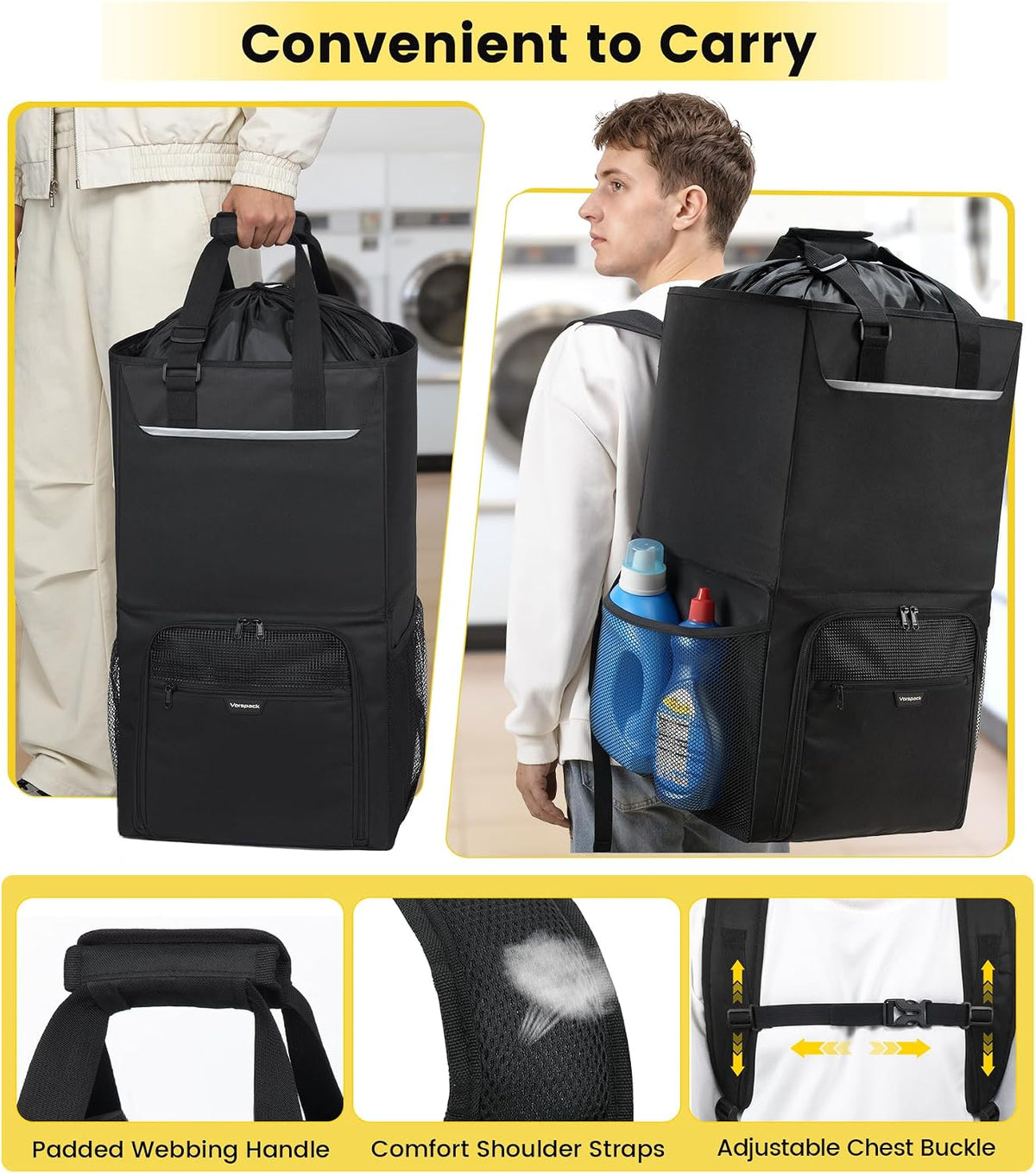 Vorspack Laundry Backpack with Shoulder Straps, Extra Large Hamper, Black