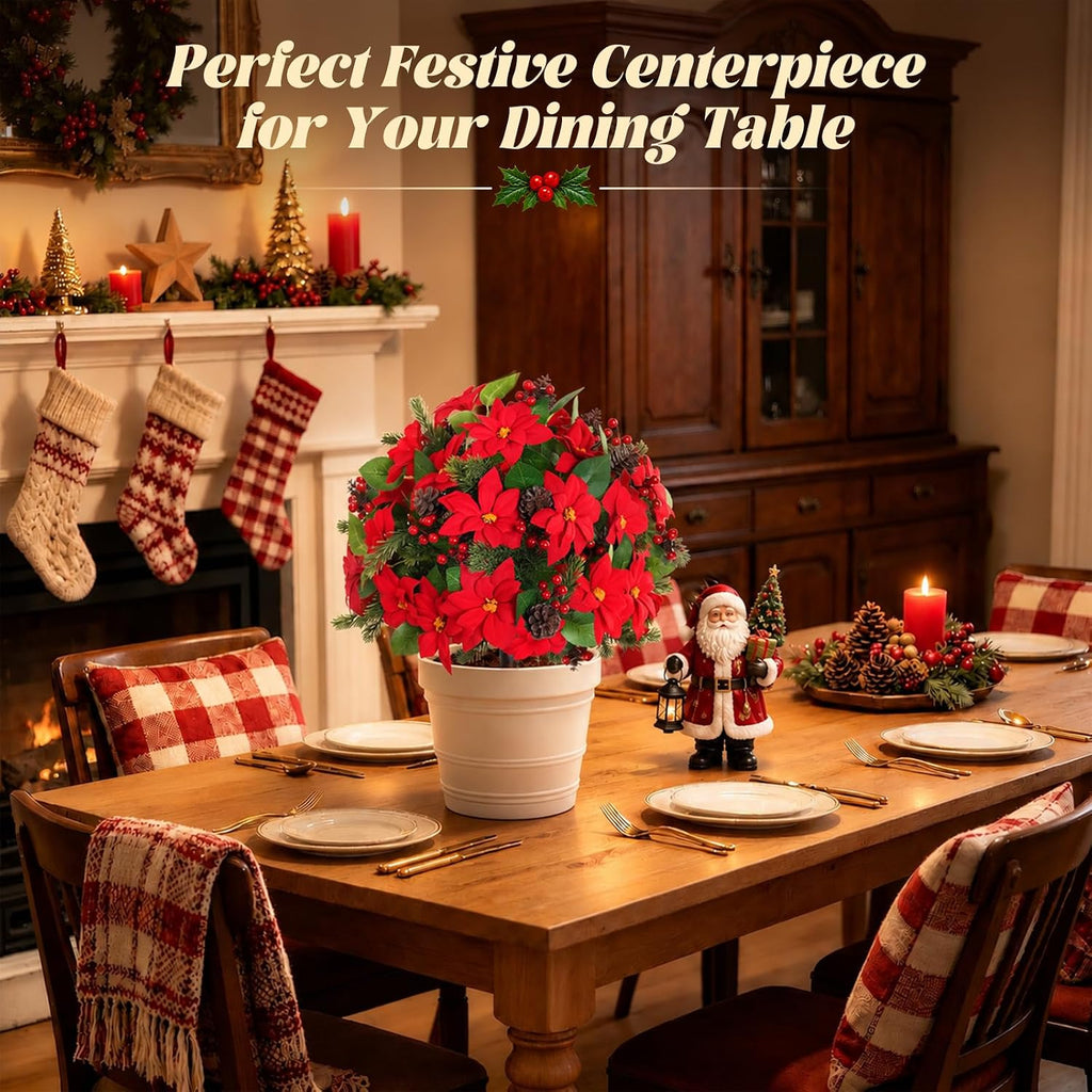 Yangrass 2PCS Poinsettia Pine Cone Topiary Trees with Spike Christmas Decor