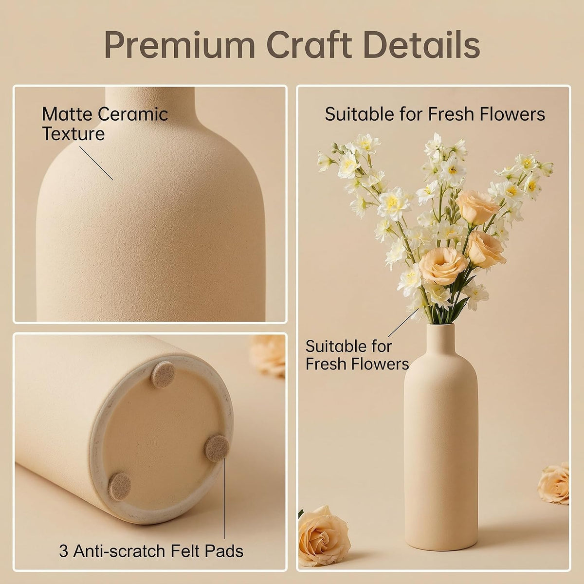 Beige Ceramic Vase Set of 4, Modern Neutral Colors Home Decor, Rustic Farmhouse Decorative Flowers Vases for Bouquet, Pampas | Table Mantel Centerpiece Bookshelf Living Room Bedroom (Beige)