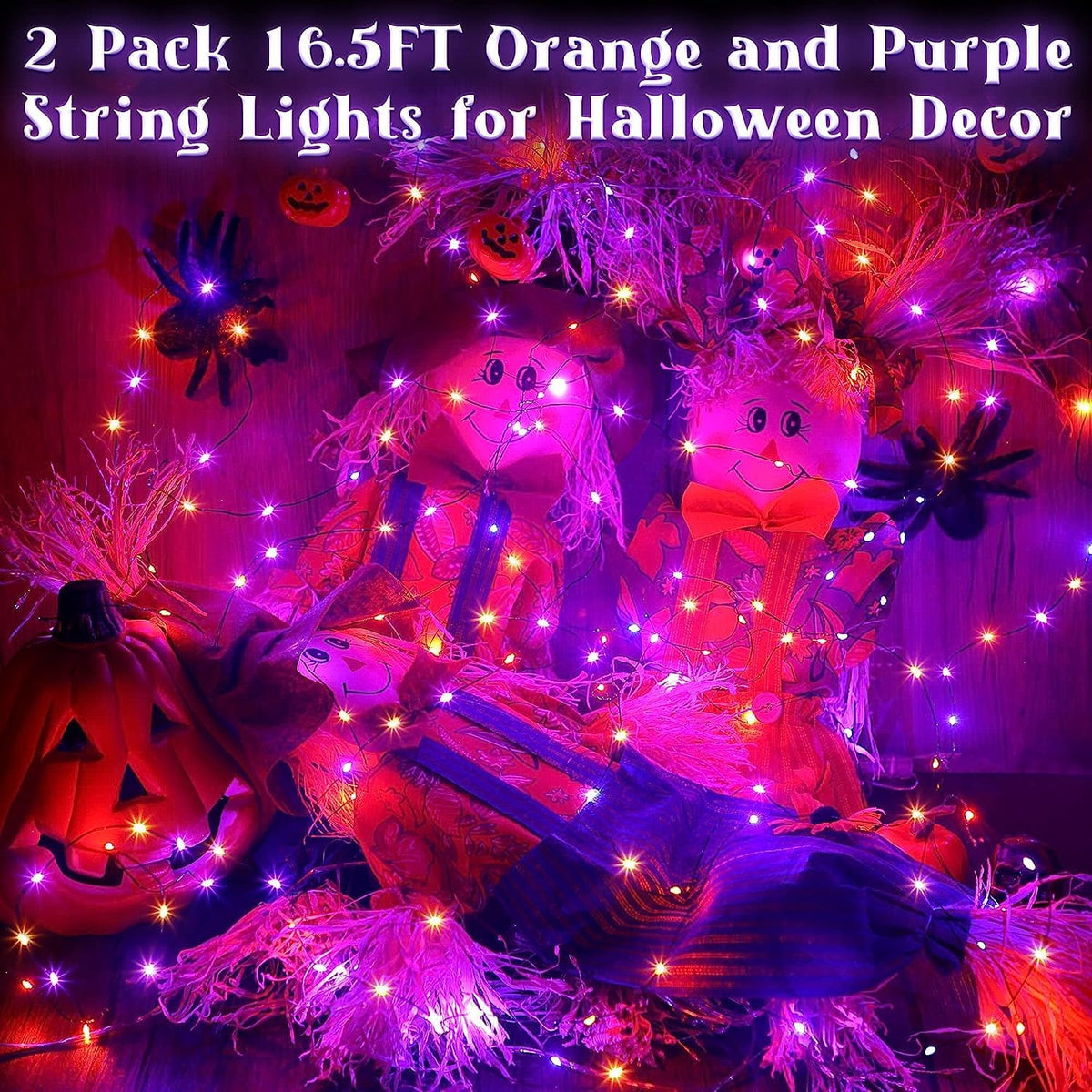 Hiboom 2 Pack Orange and Purple Halloween Lights, 16.4ft 50 LED, 8 Modes Battery Operated Fairy String Lights for DIY Home Bedroom Holiday Party Decor
