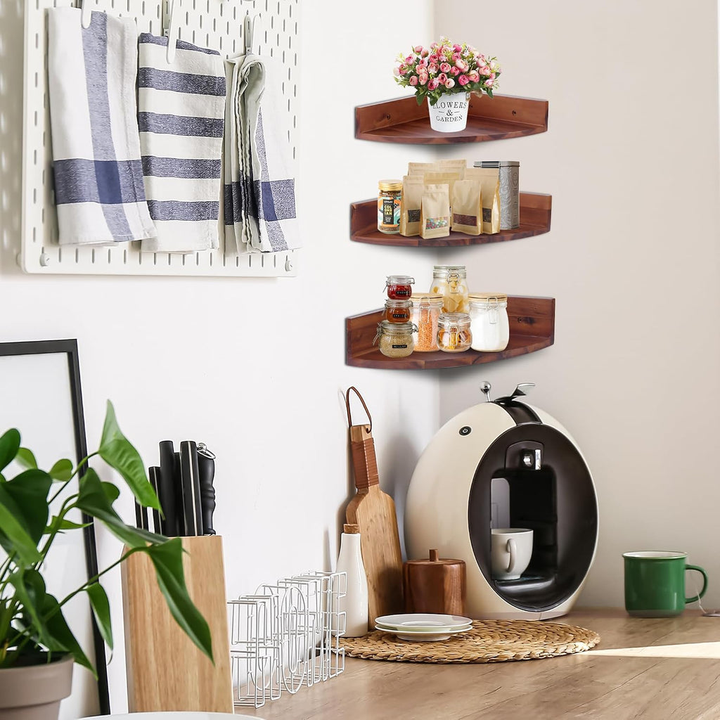 Demigo Corner Shelf Wall Mount Set of 3, Solid Acacia Wood Round Floating Corner Shelves for Storage and Display, Hanging Wood Shelves for Bedroom, Kitchen, Living Room, Bathroom (Brown)