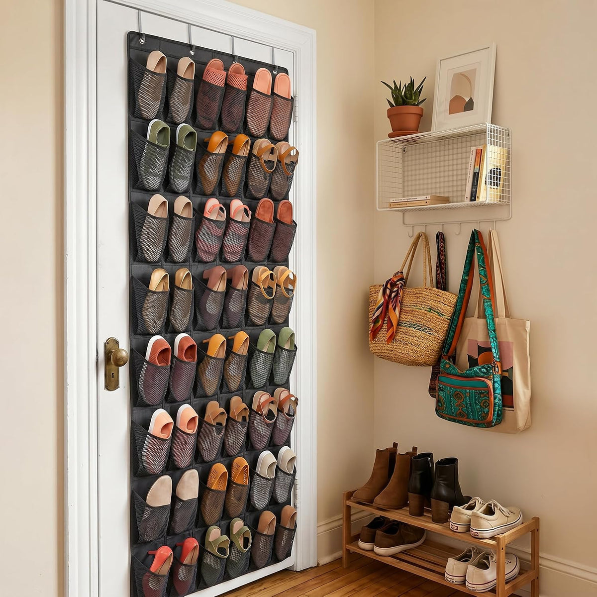 48 Pockets Over the Door Shoe Organizer, Fits Women's Shoes Up to US Size 9, 6-Column Heavy Duty Shoe Storage for Sneakers & Heels, Mesh Hanging Rack for Entryway, Bedroom & Dorm, Black