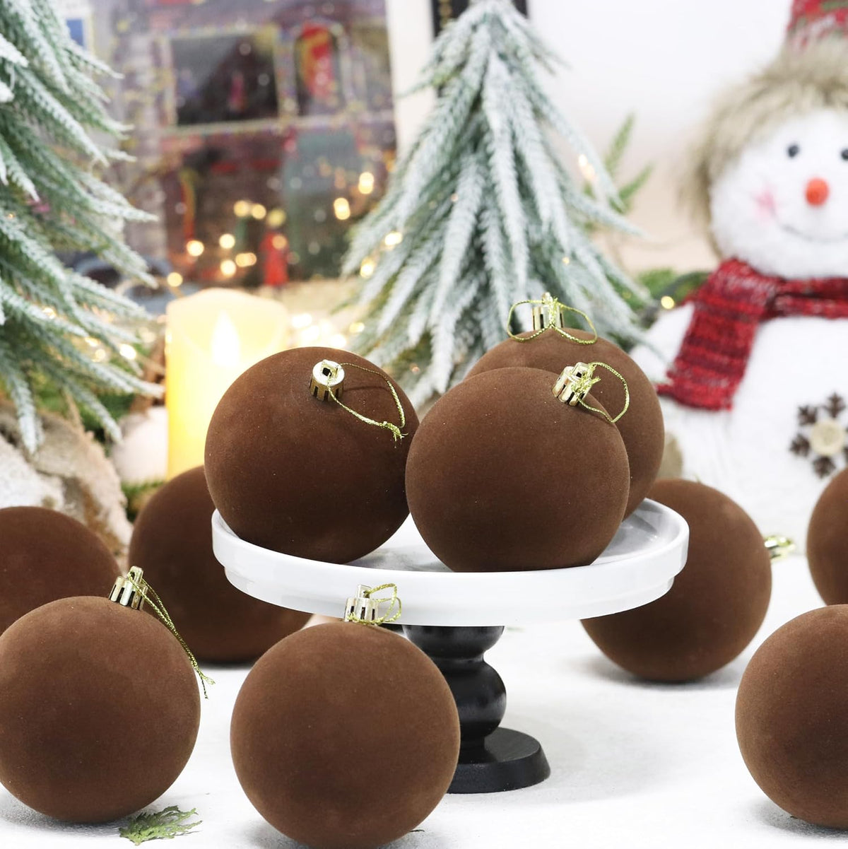 18PCS Brown Velvet Christmas Ornaments Set,3.15IN Flocked Ornaments Balls