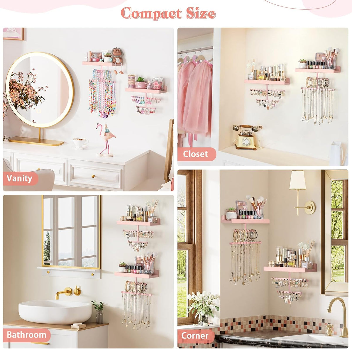 Keebofly Jewelry Organizer Wall Mounted Hanging with Wooden Shelf for Kids, Girls, Teens, Jewelry Holder Storage Display for Earring, Necklace, Bracelet, Bow, Pink, (Patented)