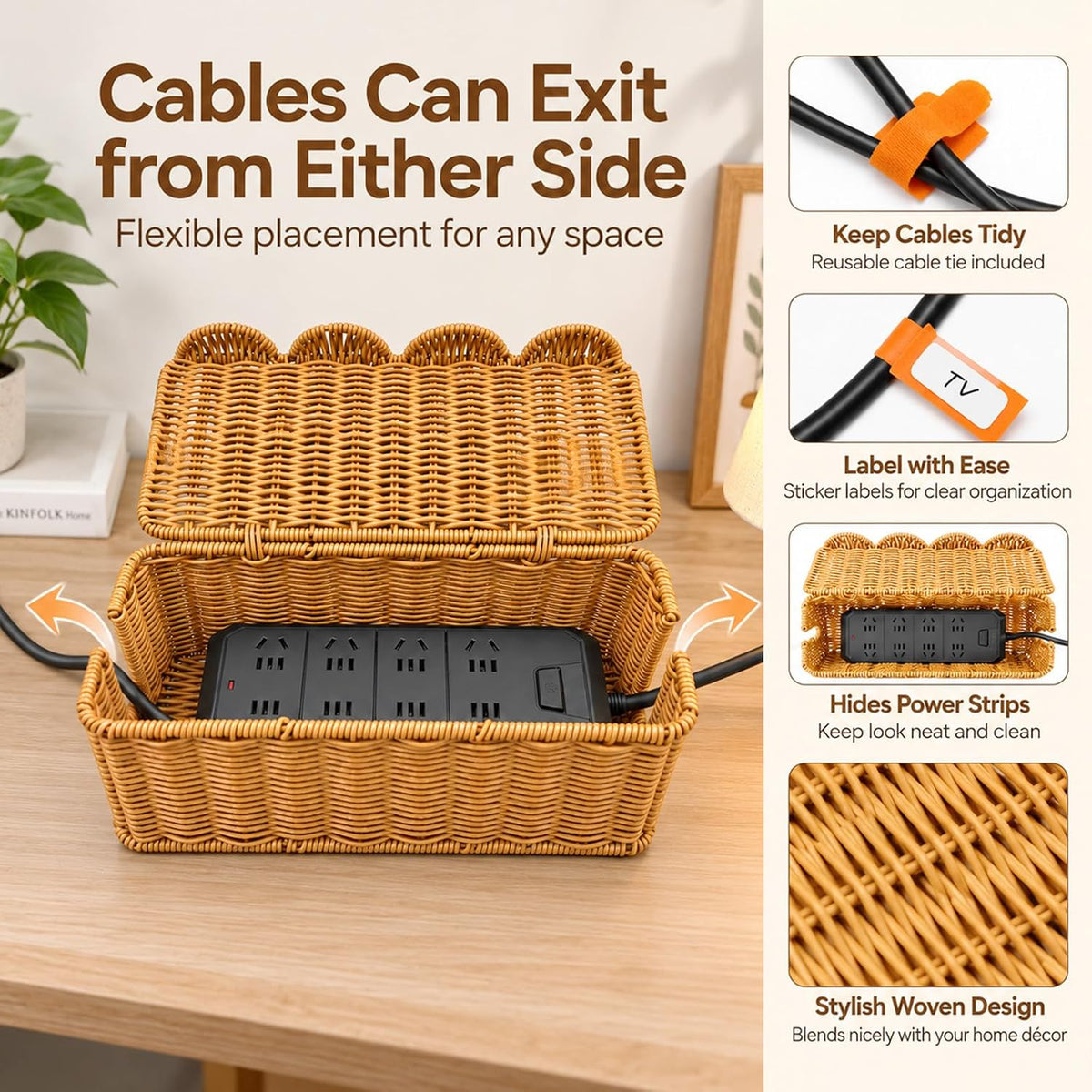 Rattan-Style Cable Management Box, Router Box Hider with 80 Accessories