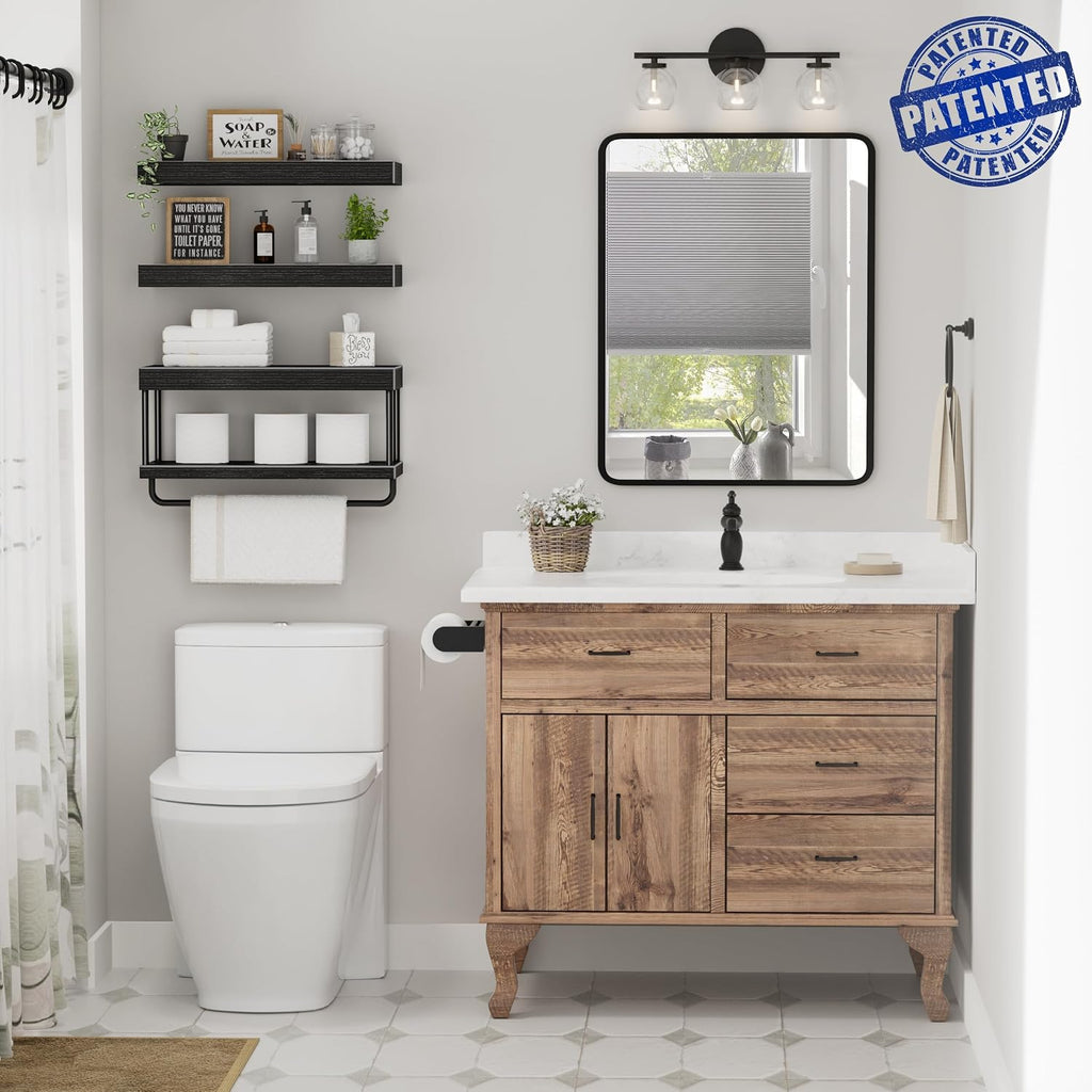 QEEIG Bathroom Floating Shelves Over Toilet (Black, Set of 3, 15.7")