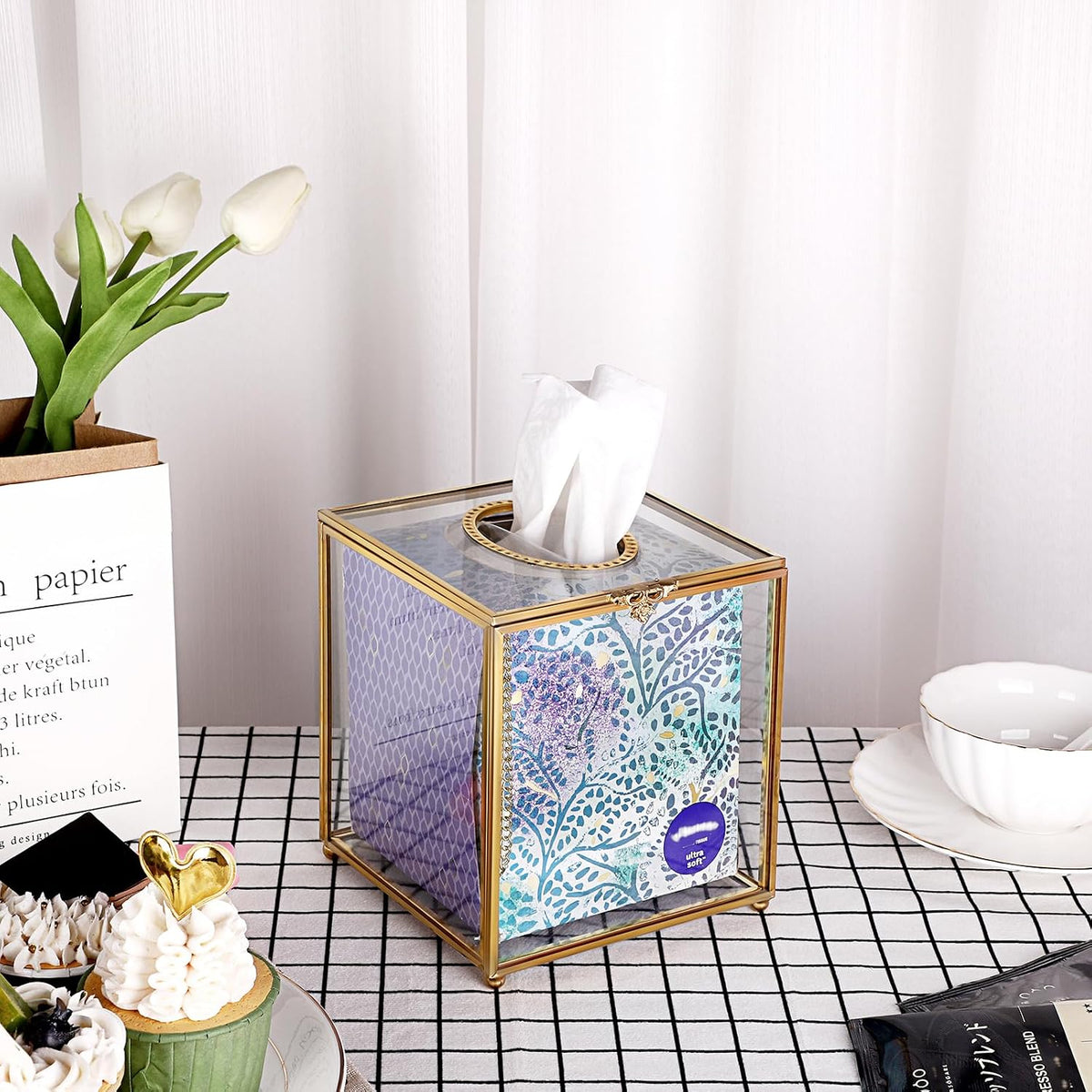 Sumnacon Square Clear Glass Tissue Box Cover, Gorgeous Gold Tissue Holder