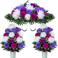 XONOR Artificial Headstone Flower Saddles for Graves, Cemetery Memorial Flowers for Outdoor Tombstone Decorations, Artificial Peony Rose Flowers Saddle (Purple&White, 1 Saddle 2 Bouquets)