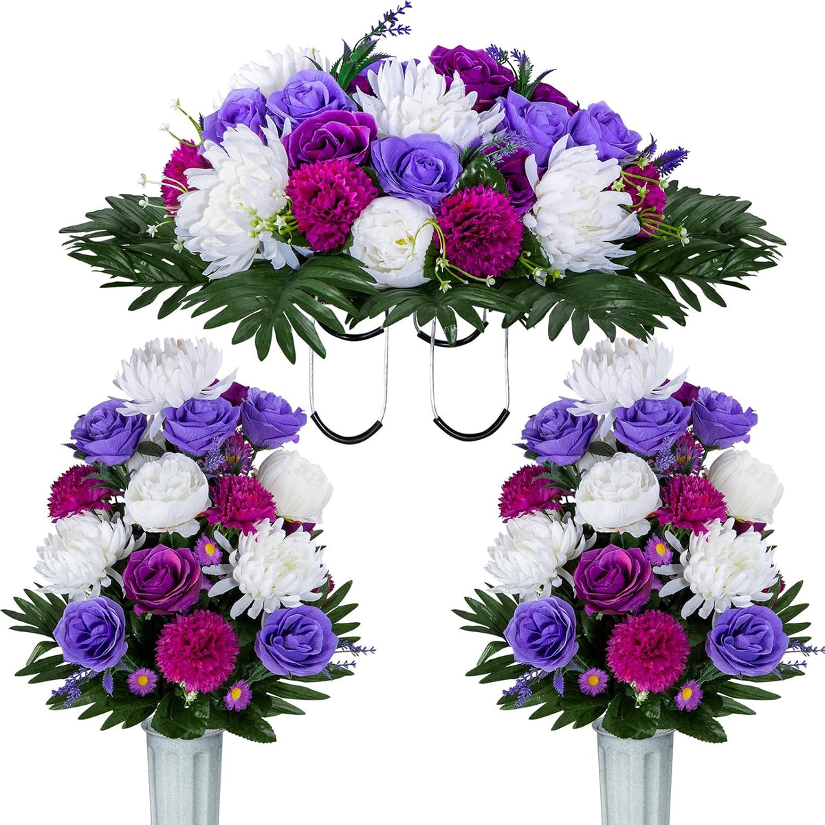 XONOR Artificial Headstone Flower Saddles for Graves, Cemetery Memorial Flowers for Outdoor Tombstone Decorations, Artificial Peony Rose Flowers Saddle (Purple&White, 1 Saddle 2 Bouquets)