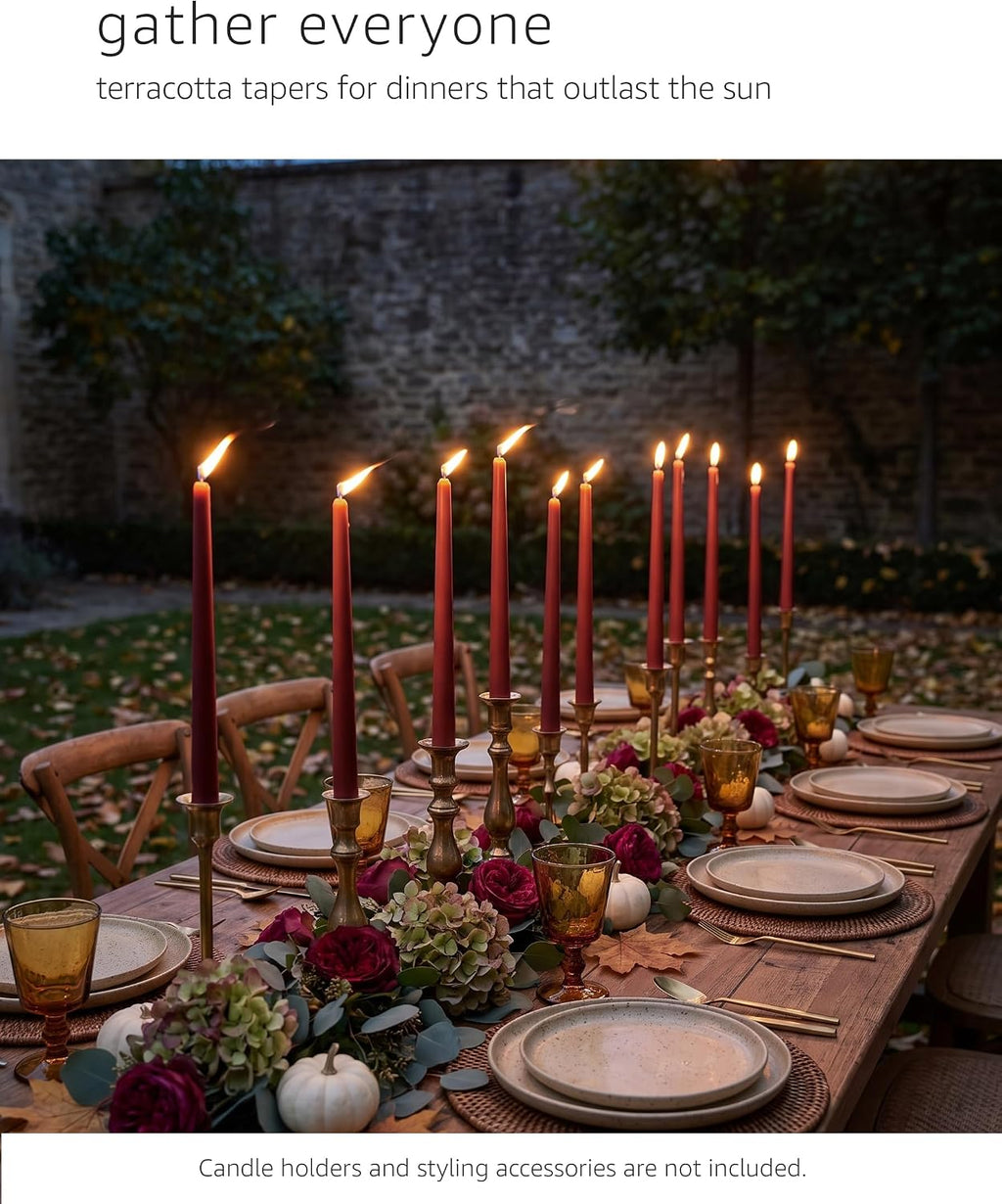 10" Classic Taper Candles, Terracotta, 12-Pack, 7-8 Hours Long Burning, Unscented Tall Candlesticks