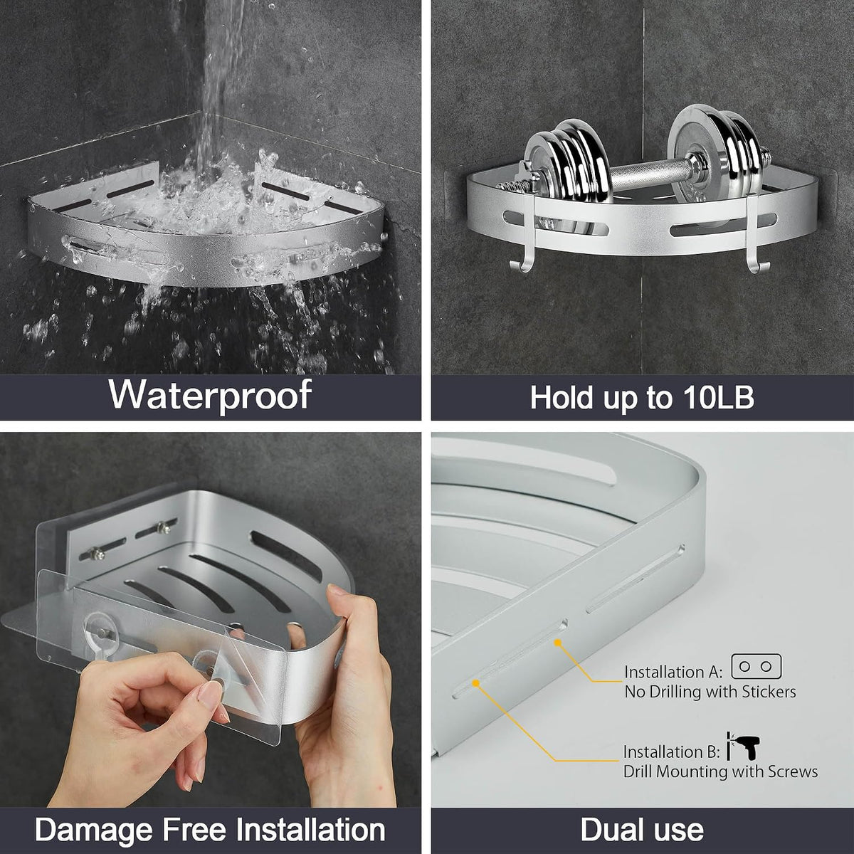 WPT Corner Shower Caddy, 2 Pack Adhesive Shower Corner Shelf, Shower Organizer Storage Wall Mounted No Drilling for Bathroom and Kitchen, Silver