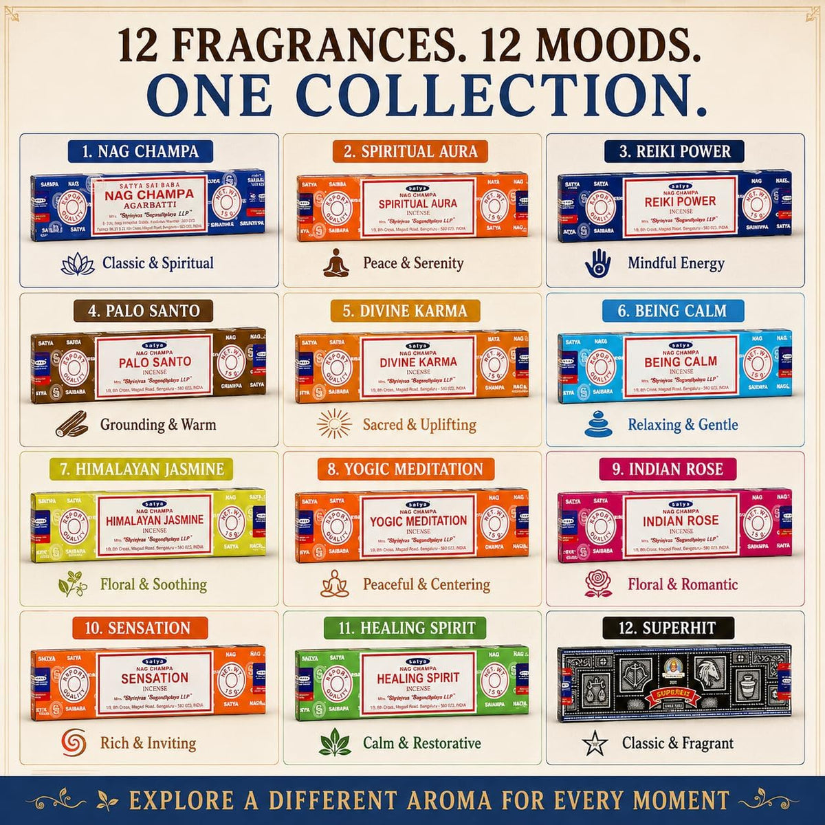 Satya Incense Sticks Set of 12 - Nag Champa, Palo Santo, Rose, Jasmine