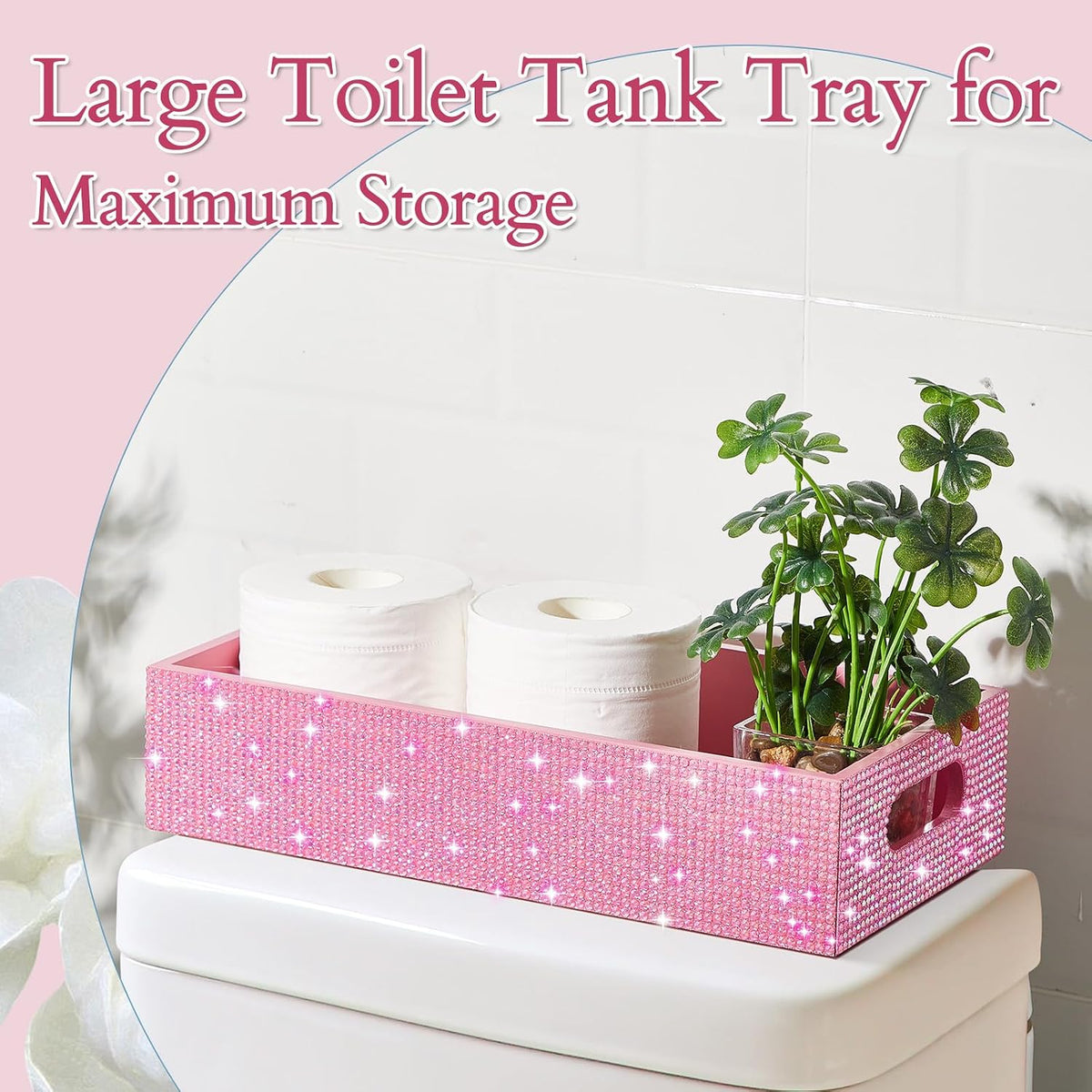 Honeydak Bathroom Basket, Rhinestone Toilet Tank Tray Pink