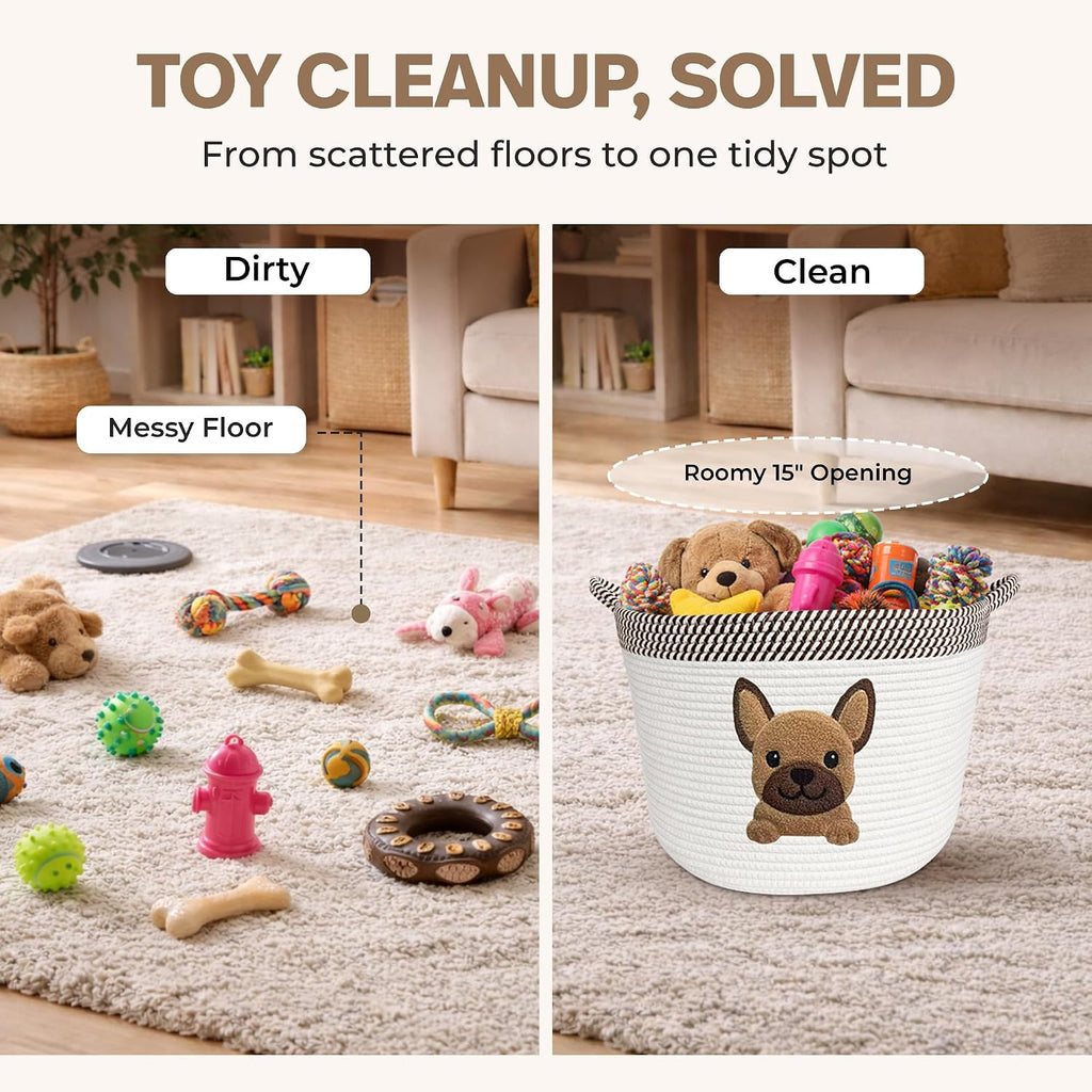 French Bulldog Dog Toy Basket, Pug and Boston Terrier, Cotton Rope Bin