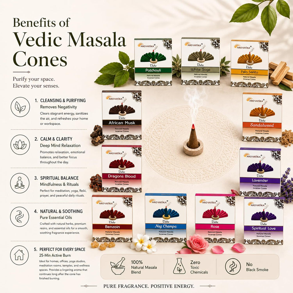 ARO VATIKA Vedic Natural Incense Cones Variety Pack of 120, 12 Flavored Premium Non-Toxic Dhoop Cones for Meditation, Yoga, Spiritual Healing, Relaxation & Home Fragrance, Burn Time 25 Mins