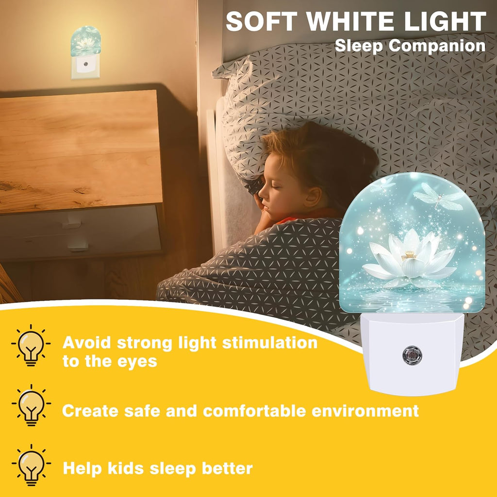 Night Lights Plug into Wall White Lotus and Dragonfly Night Light Dusk to Dawn Smart Sensor Decorative Round Led Lamp for Bedroom Kitchen Hallway Nightlight for Women Men