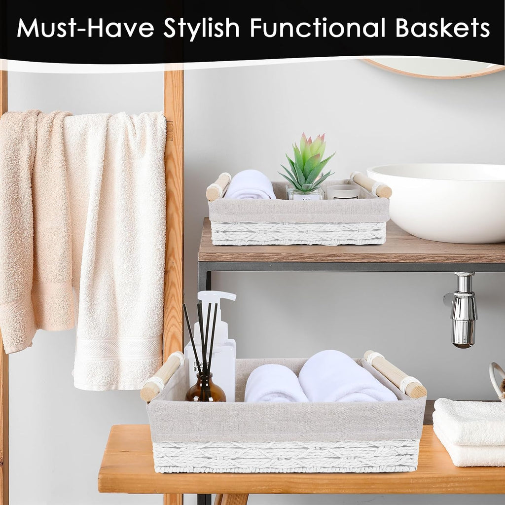 Wicker Storage Basket with Wooden Handle 2 Pack–Paper Rope Decorative Toilet Paper Baskets & Bathroom Organizer for Toilet Tank Top, Shelves, Bedroom, Countertop,Home,Office Storage Bins,White