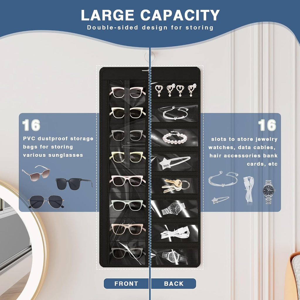 Hanging Sunglasses Organizer and Storage, 32 Slots Jewelry Holder, Black