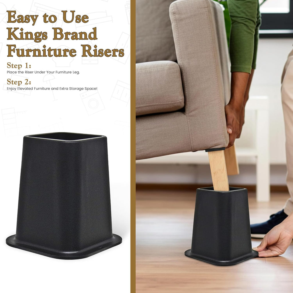 Kings Brand Furniture 6-inch Bed Risers - Set of 4 Black Heavy Duty Stackable Furniture Risers for Under Bed Storage, Desk, Sofa, Couch