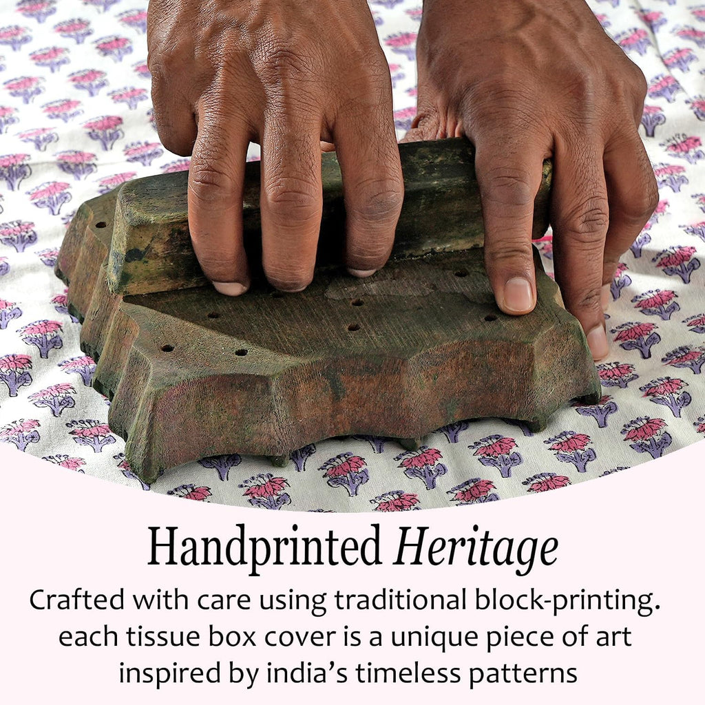 CPC 100% Cotton Piping Block Print Tissue Box Cover, Pink Sapphire