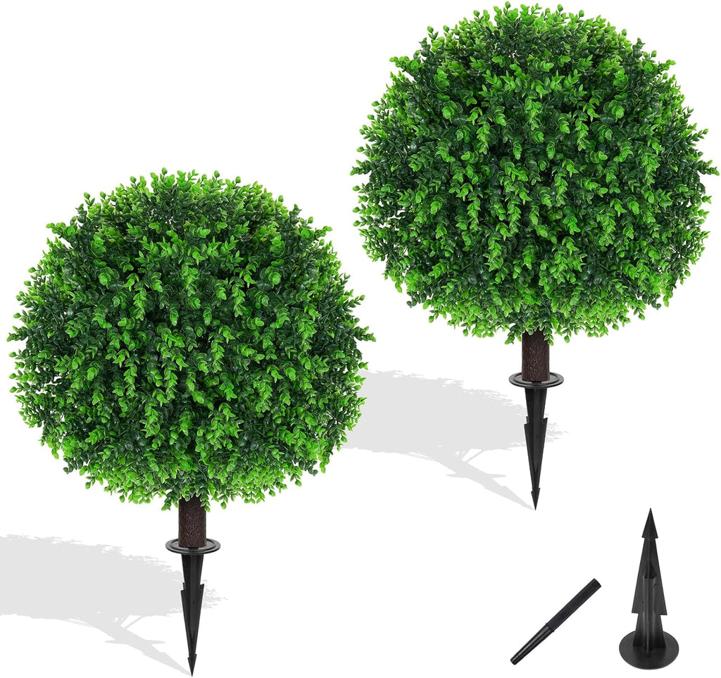 Yangrass 2 Pack Fake Green Eucalyptus Topiary Ball Trees with Ground Spike