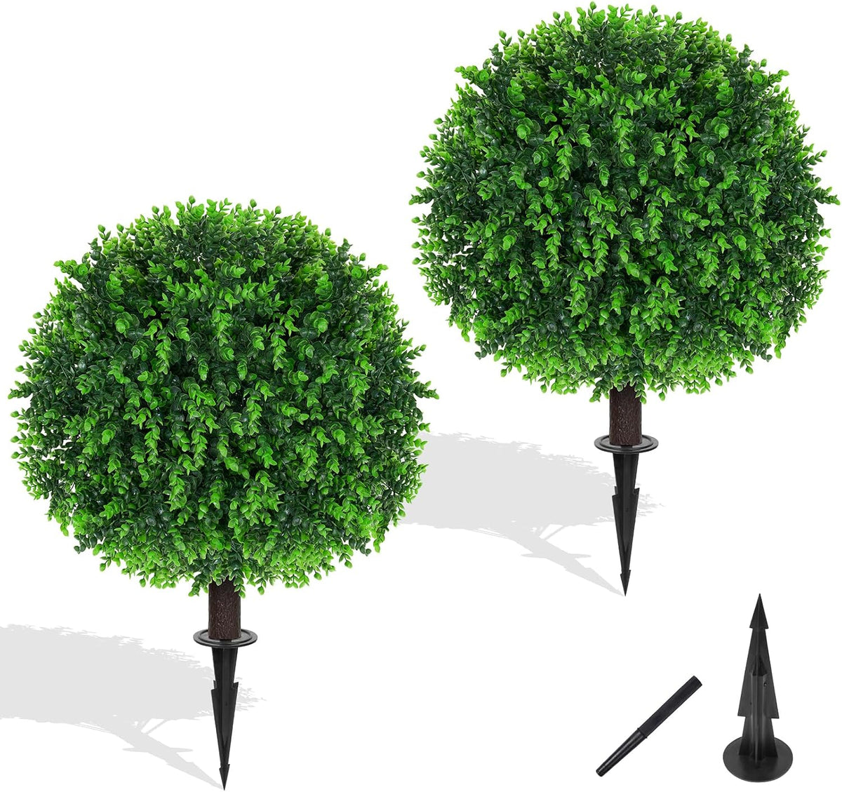 Yangrass 2 Pack Fake Green Eucalyptus Topiary Ball Trees with Ground Spike
