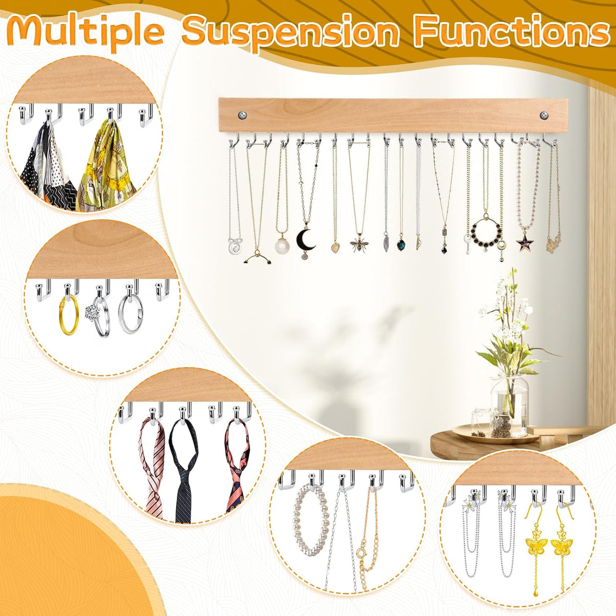 Necklace Holder Wall Mount 4 Pack, with 80 Hooks, Wooden, 36.5 x 3.6 cm