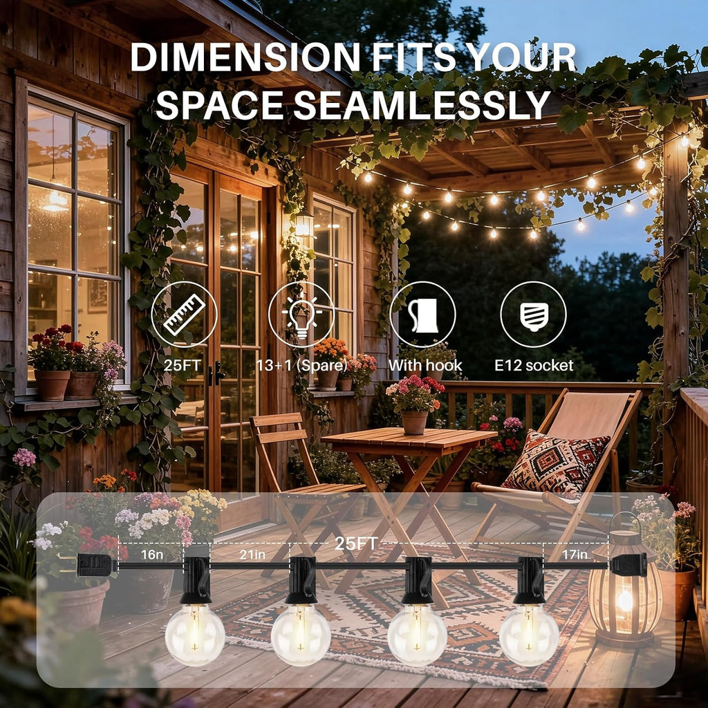 25 FT 2700K Outdoor String Lights,13 Plastic Edison Bulbs, E12 Base