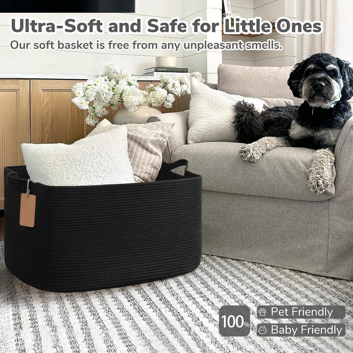 Goodpick 75L Extra Large Woven Rope Blanket Basket, Rectangle, Black