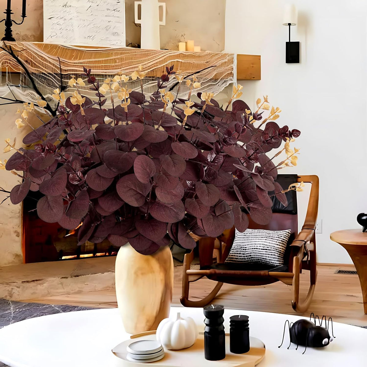 Yen Jean 20PCS Dark Wine Red Halloween Eucalyptus Stems Artificial Fake Flowers Bulk Decorations, Burgundy Branches for Indoor Table Centerpieces Party Supplies
