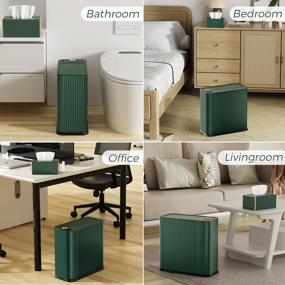 Bathroom Trash Can with Lid and Tissue Box Cover Set 13 L/ 3.5 Gallon Dark Green Trash Can with Pop-Up Lid Small Garbage Can for Bathroom Bedroom Office Kitchen