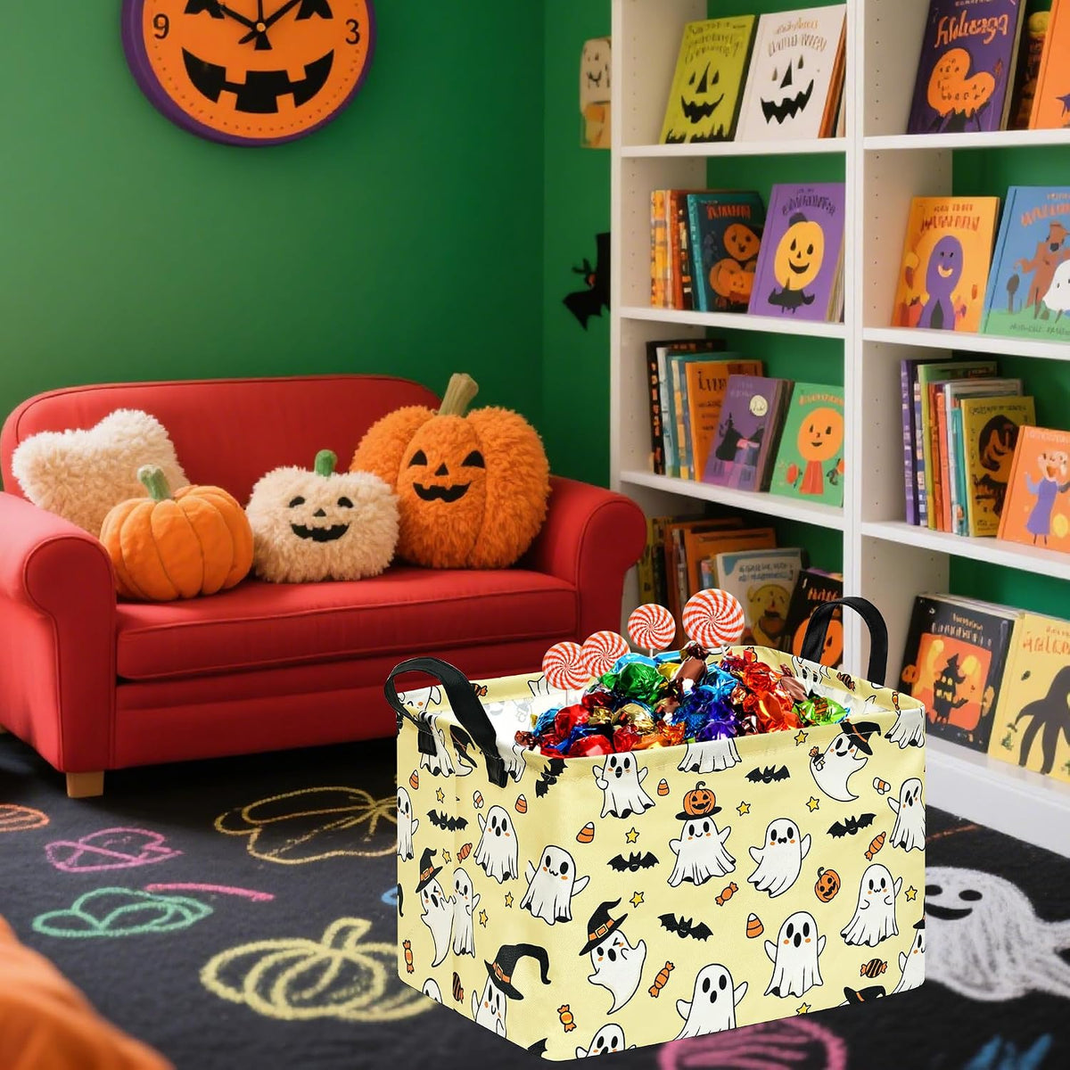 Halloween Storage Basket, Yellow Ghost Pumpkin Cotton Linen Storage Bin with Leather Handles, Foldable Rectangle Organizer for Toys, Clothes, Gifts, Bedroom, Playroom, Nursery