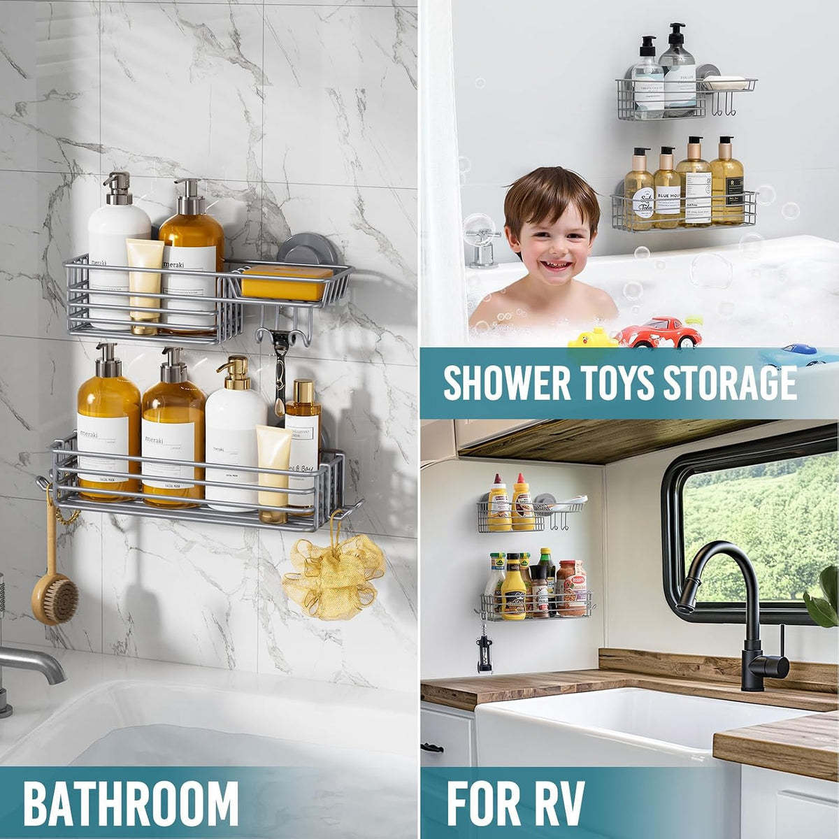 TAILI Shower Caddy Suction Cup, 2 Pack Bathroom Organize with Hooks, Grey