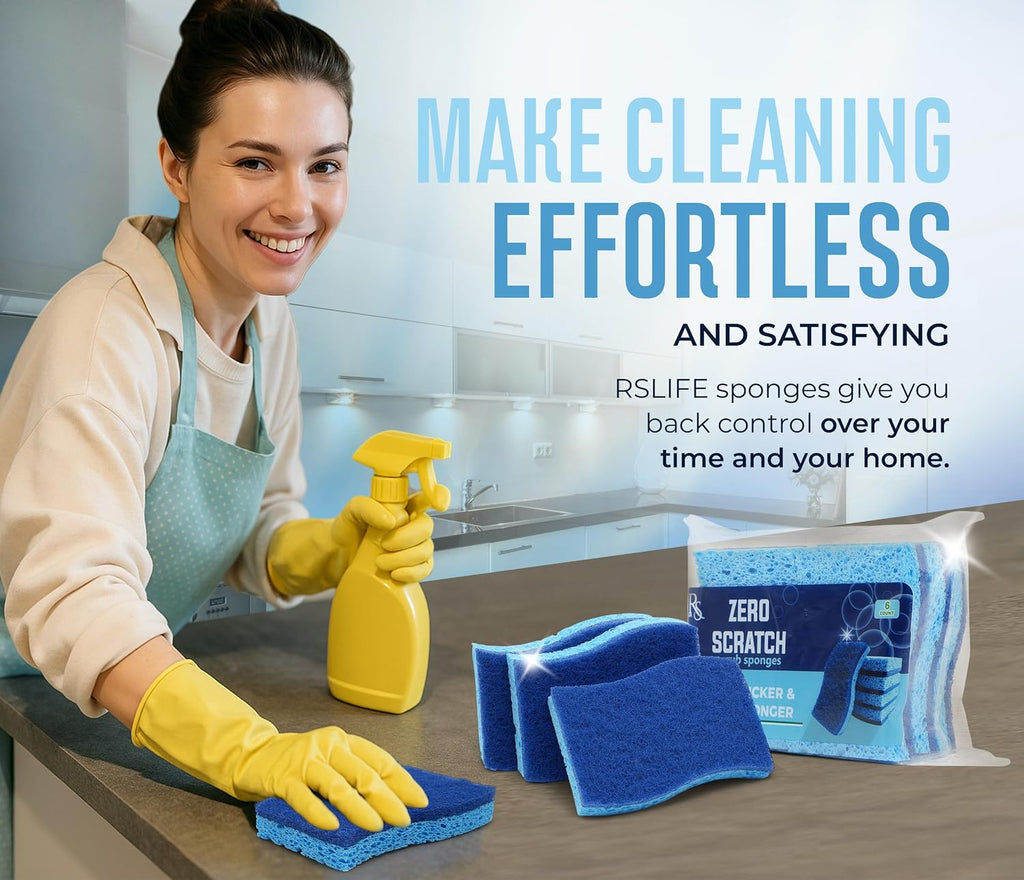 Blue Scrub Sponges Pack of 6 – Dual-Sided Kitchen Sponges for Cleaning – Non Scratch for Dishes, Bathroom, Surfaces – Durable Dishwashing Sponge