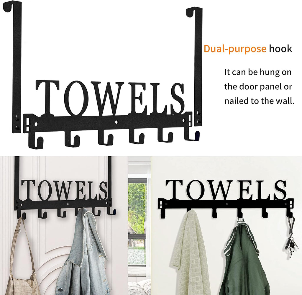 Over The Door Hooks, Towel Holder for Bathroom, Mount Rack Metal Bath Hanger Bedroom Kitchen Pool Beach Bathrobe Wall Hooks (6 Hooks, Black).