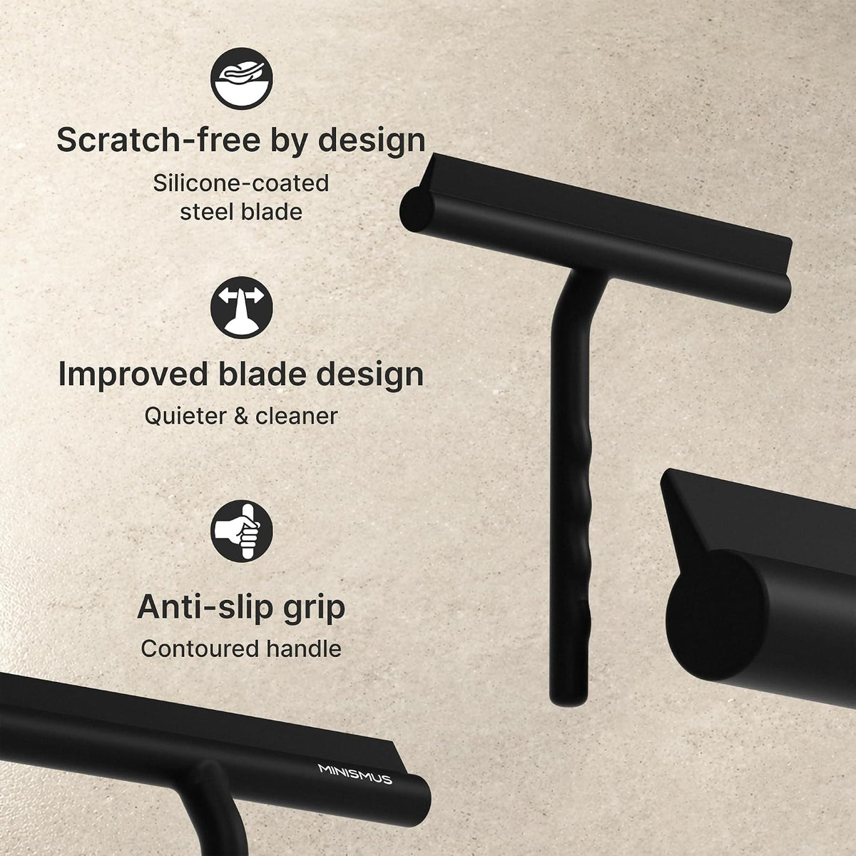 Minismus Silicone Shower Squeegee with Black Hook, Shower Glass Cleaner