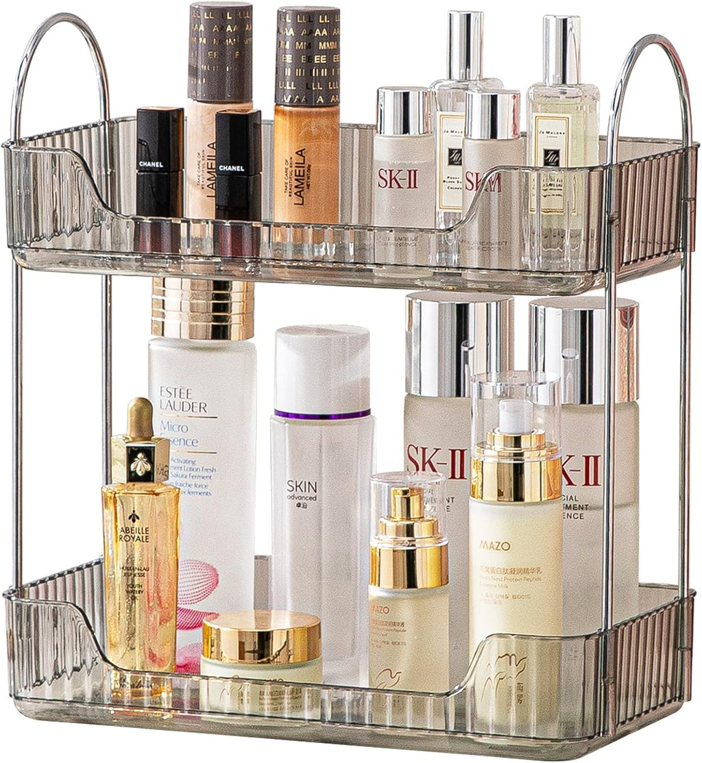 shuang qing 2 Tier Bathroom Counter Organizer Countertop Storage, Cosmetics Skincare Shelf Organizer, Makeup Organizer Perfume for Dresser Vanity Tray, Spice Rack Organizer for Kitchen (Grey)
