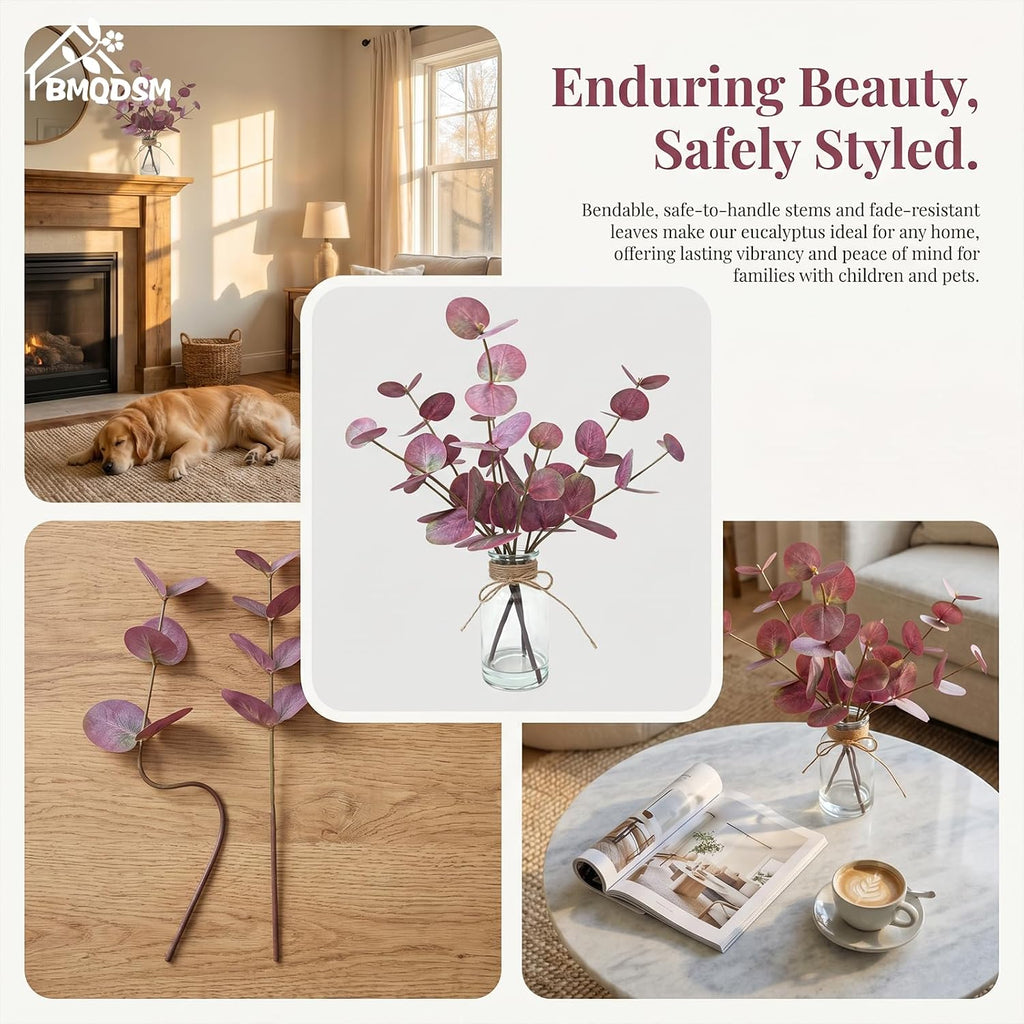 Artificial Eucalyptus Stems in Glass Vase with Faux Water,13.5" Fake Plants for Bathroom Shelf Decor, Farmhouse Centerpieces for Tables, Small Desk Plants for Home Office Decor (Purple)