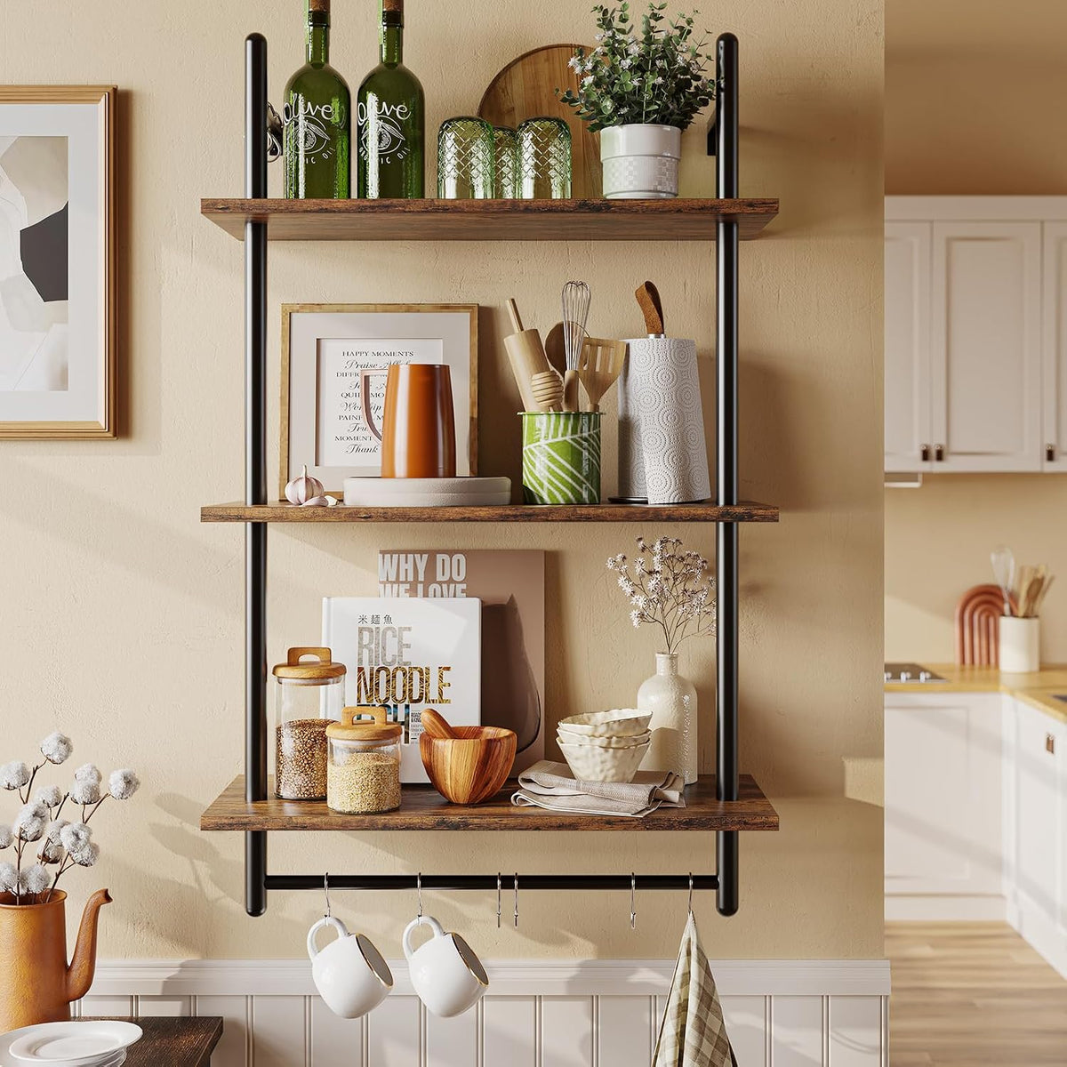 Bestier 24 Inch 3 Tier Industrial Pipe Shelves with Towel Bar, Rustic Brown
