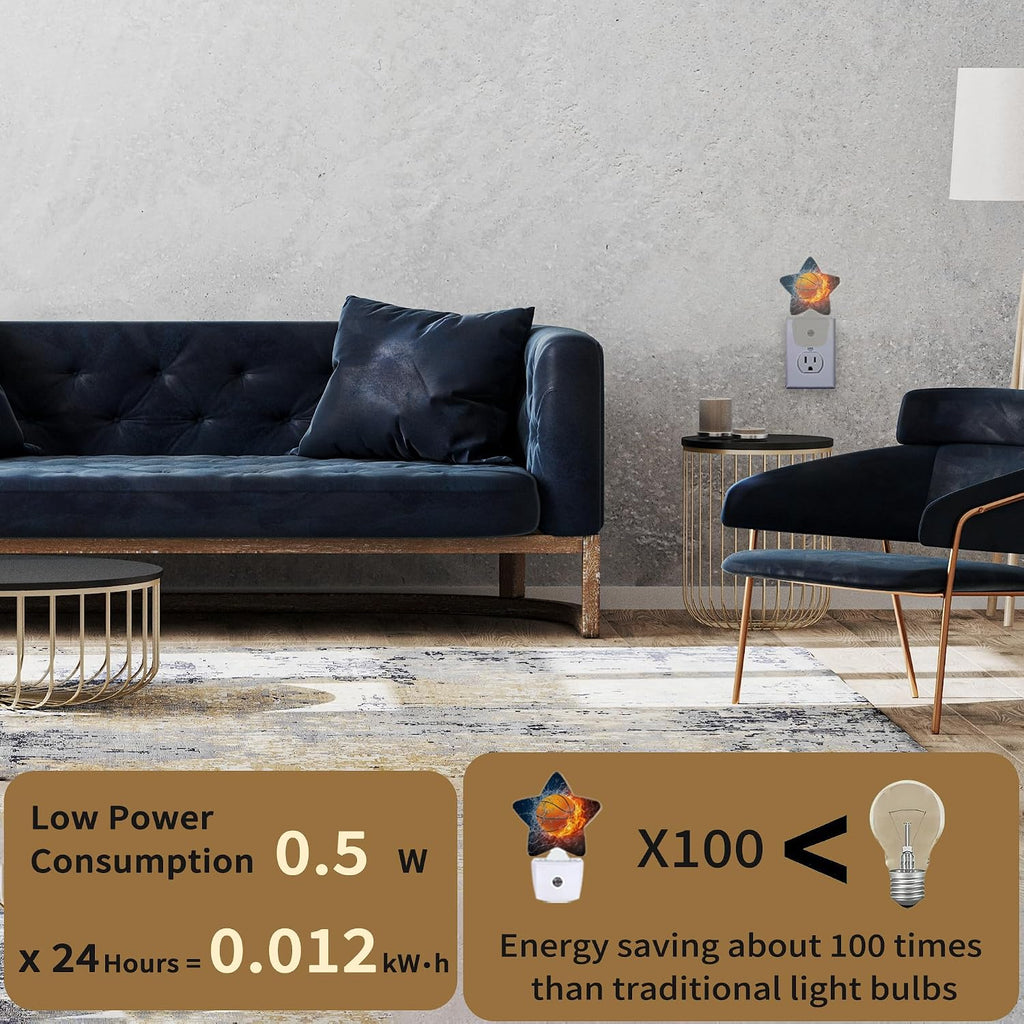 Basketball Fire Night Lights Plug into Wall with Dusk to Dawn Sensor,Lamp for Bedroom Bathroom Hallway Nightlight for Women Girls