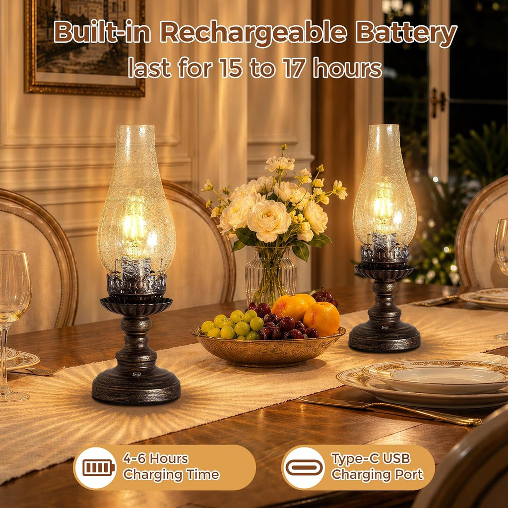 Set of 2 Vintage Rechargeable Table Lamps, Cordless Oil Lamp Style
