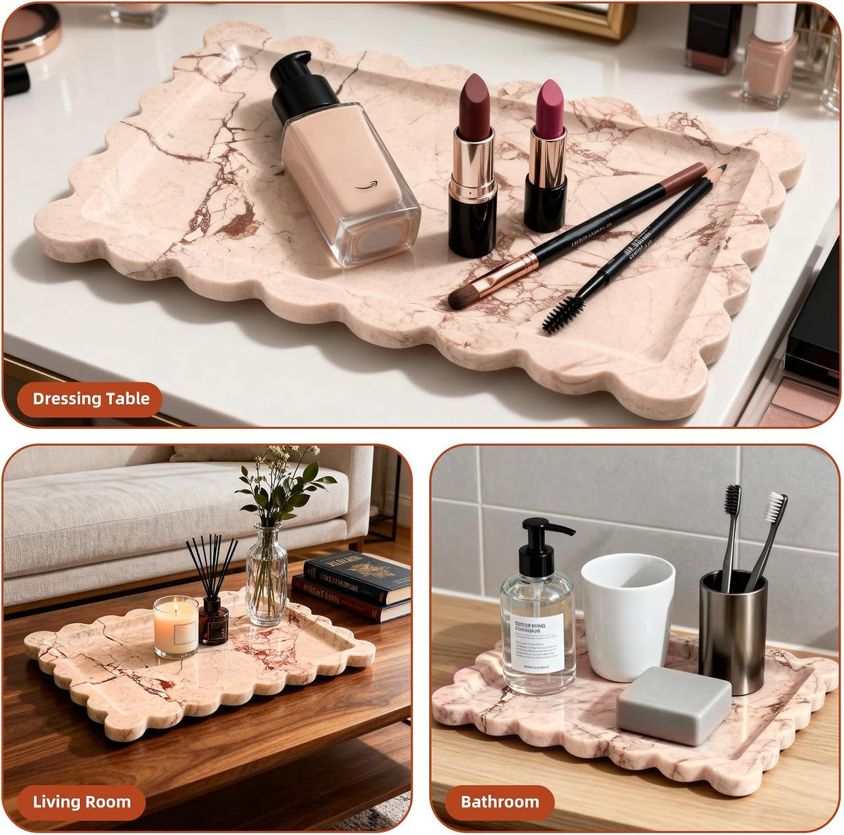 Yew & Tulip Natural Marble Vanity Tray with Scalloped Rim, Nature Rose Pink Luxury Stone Serving Tray for Bathroom, Kitchen, Vanity, Home Decor, Wedding etc. (12"x 8" x 0.6")