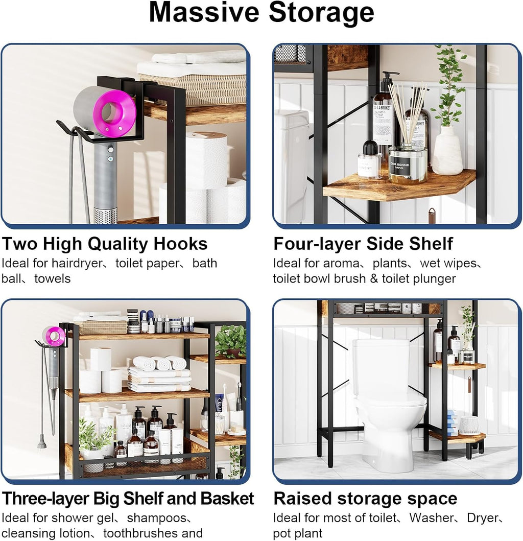 K1 Heavy Duty 7-Tier Over The Toilet Storage（With Basket and Paper Hook）Freestanding Above Toilet Shelf with Adjustable Feet，Space Saver Bathroom Shelves 9.3"D x 33.5"W x 63.8"H，Rustic Brown