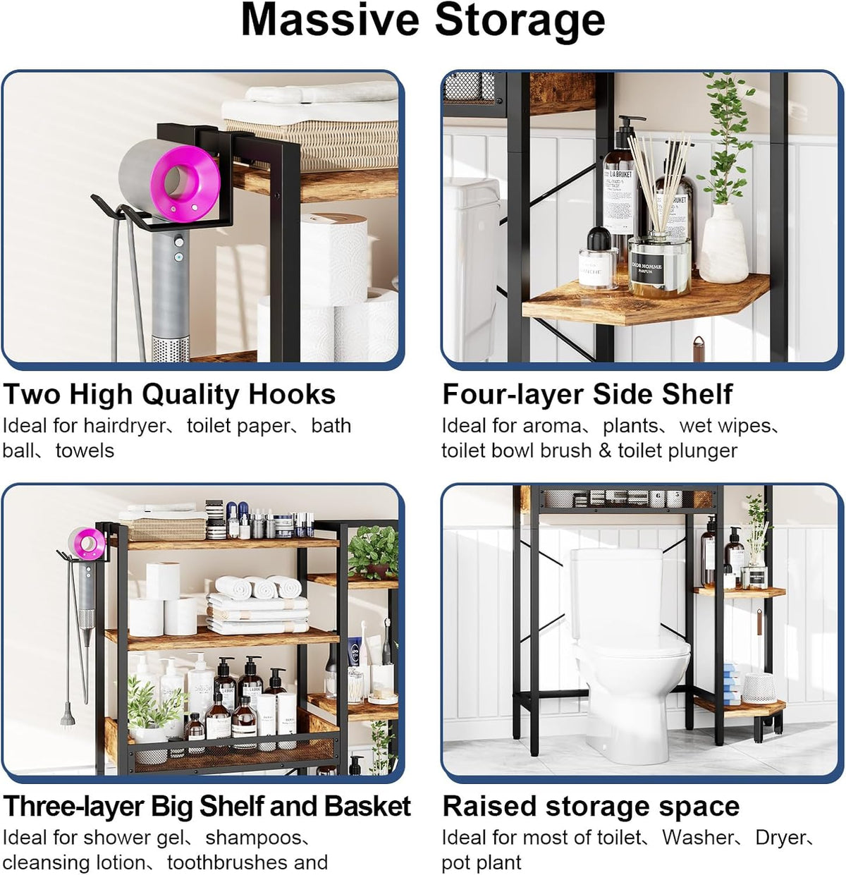 K1 Heavy Duty 7-Tier Over The Toilet Storage（With Basket and Paper Hook）Freestanding Above Toilet Shelf with Adjustable Feet，Space Saver Bathroom Shelves 9.3"D x 33.5"W x 63.8"H，Rustic Brown