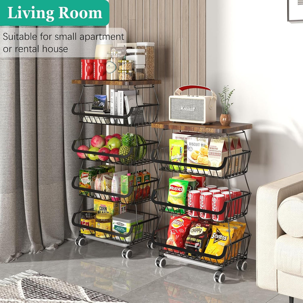 CHLORYARD Fruit Basket with Wooden Lid for Kitchen, 4-Tier Stackable Wire Fruit Vegetable Storage Basket Organizer Stand on Wheel, Produce Basket Potato Onion Storage Bins Rack Cart for Pantry