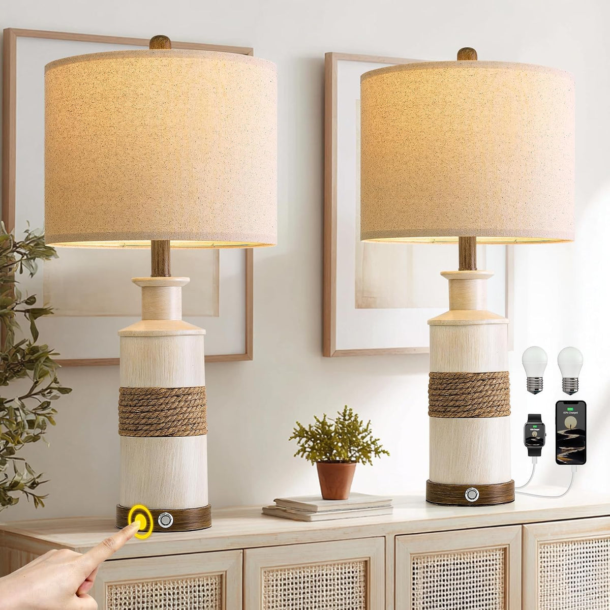 BOBOMOMO 24.5" Farmhouse Boho Table Lamps Set of 2, Hand-Woven Rattan Bedside Lamps with 3-Way Dimmable Touch Control & USB A+C Ports, Nightstand Lamp for Bedroom, Living Room, Corner (Bulbs Included)