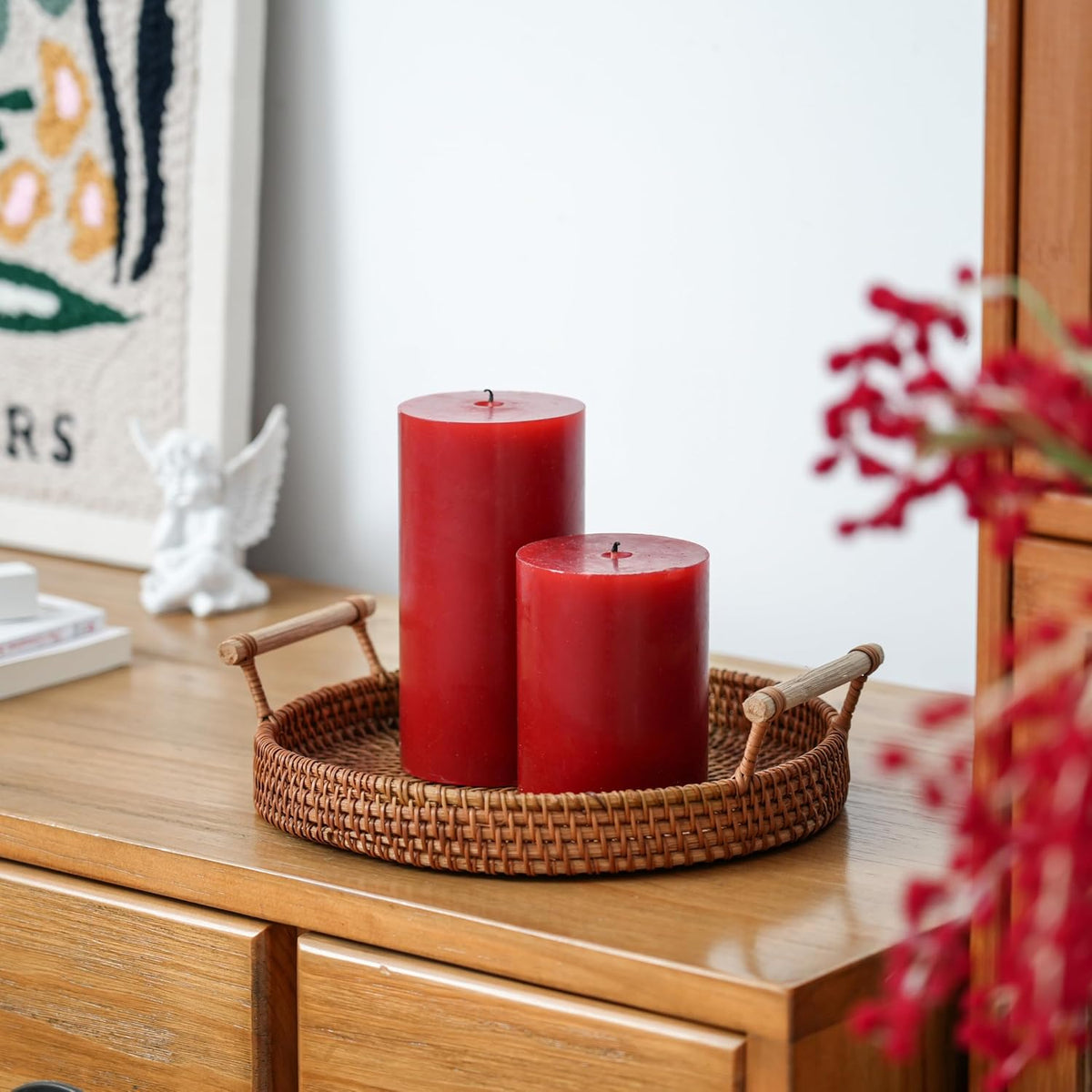 3x4 Inch Red Pillar Candles Set of 3 - Decorative Unscented Pillar Candle